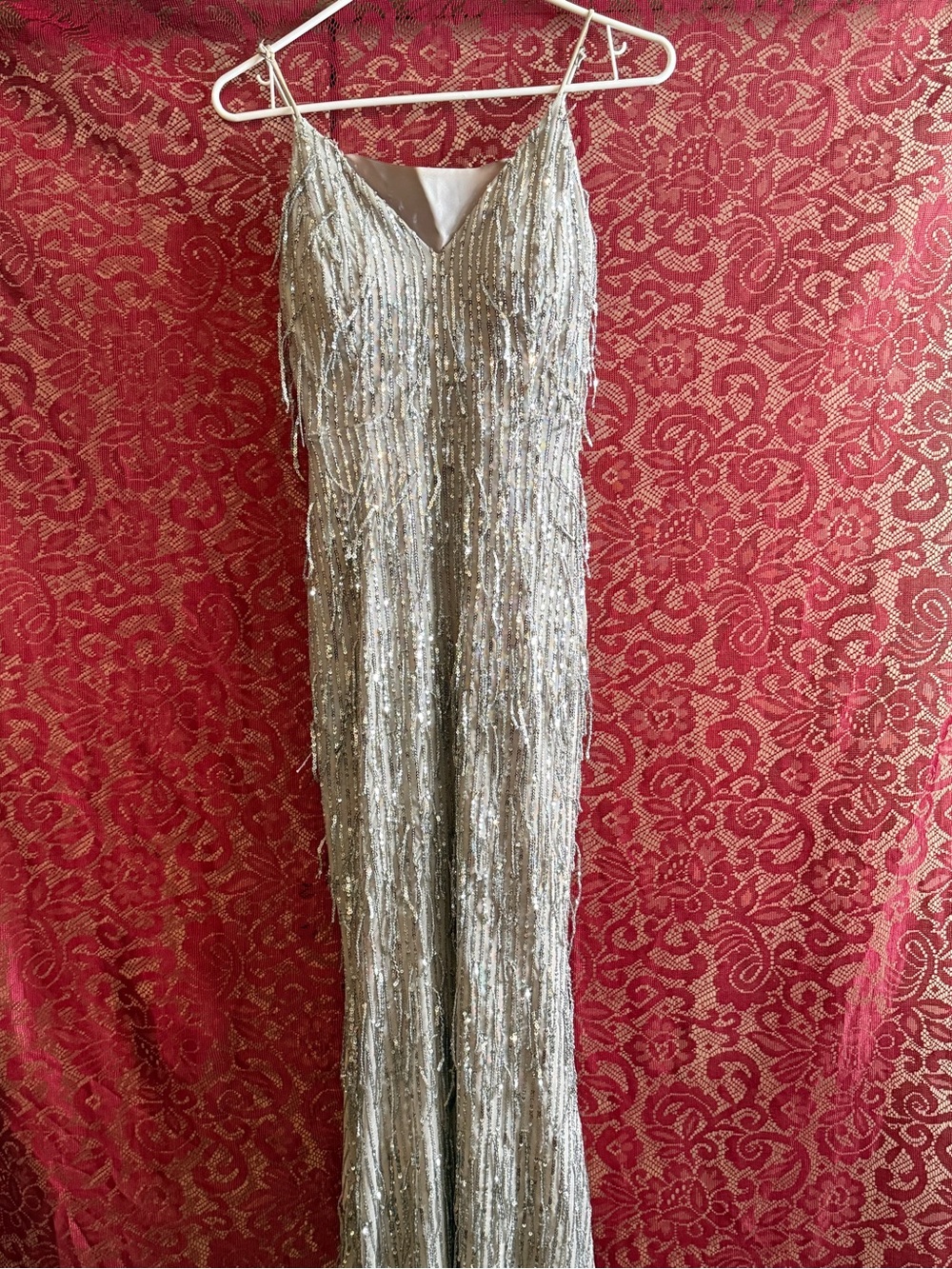 Windsor Silver Sequined Fringe Maxi Gown Dress Sz S V-Neck Formal Promenade Glam
